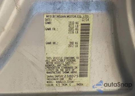 2015 Nissan Altima 2.5/2.5 S/2.5 Sl/2.5 Sv from USA, damaged, VIN 1N4AL3AP5FC238075